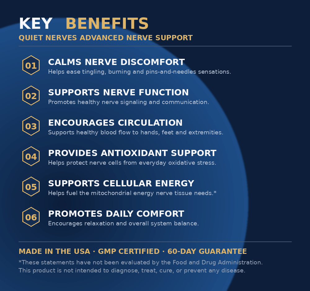 Quiet Nerves key benefits: calms nerve discomfort, supports nerve function, circulation, antioxidant support